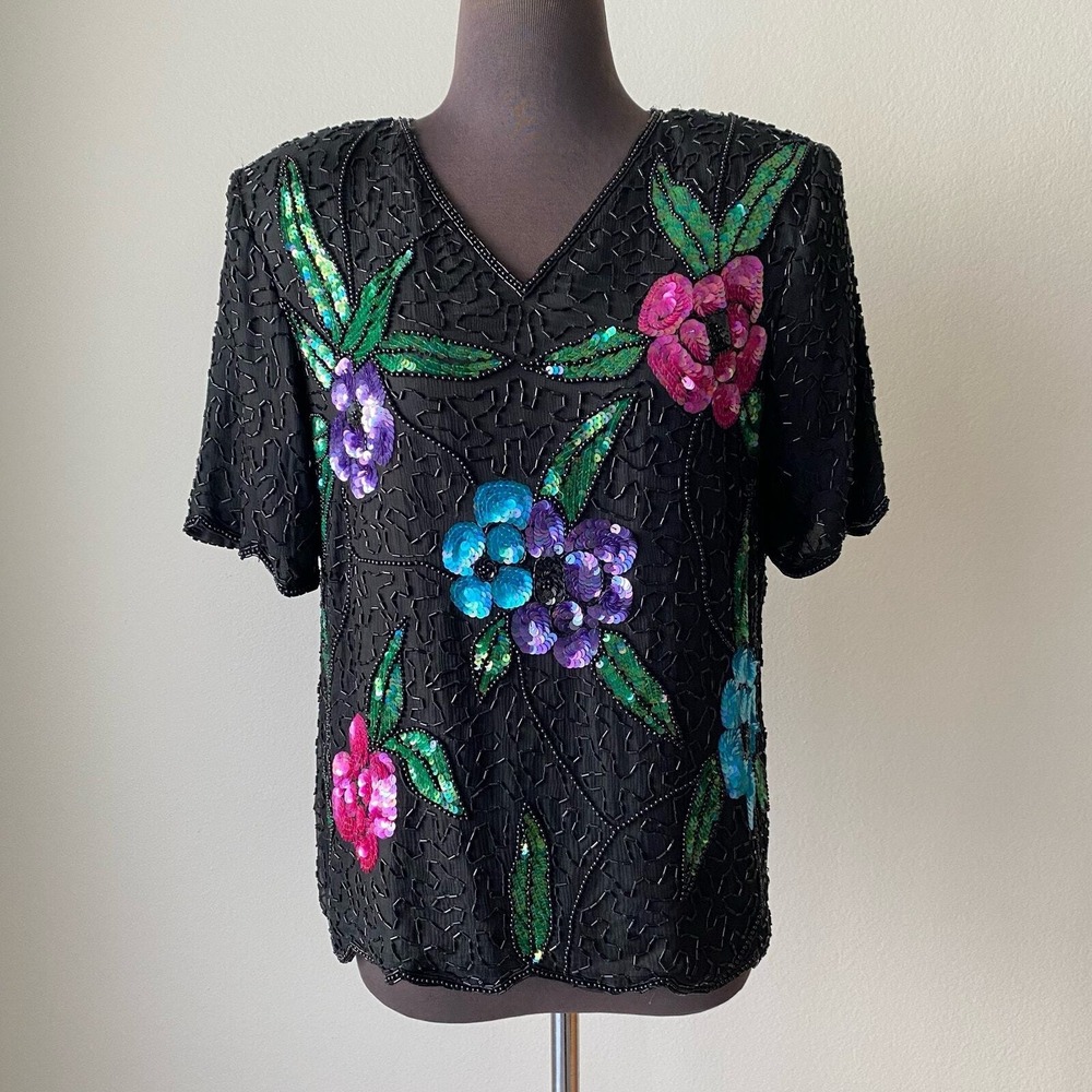 VTG‎ Stenay Black Silk Beaded Floral V Neck 90s Blouse Top sz S mob wife